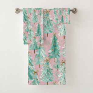 Whimsical Teal Christmas Trees on Pink  Bath Towel Set