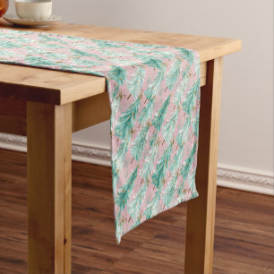 Whimsical Teal Christmas Trees on Pink  Short Table Runner