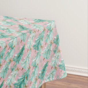 Whimsical Teal Christmas Trees on Pink Tablecloth