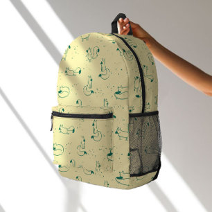 Whimsical Teal Doodle Foxes on Butter Yellow Printed Backpack