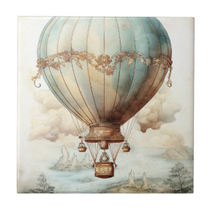 Whimsical Teal Hot Air Balloon Antique Tile