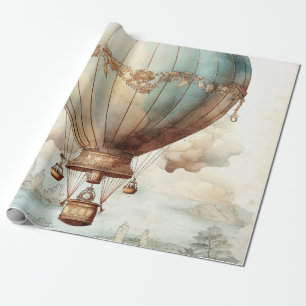 Whimsical Teal Hot Air Balloon Antique Wrapping Paper