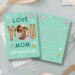Whimsical Teal Photo Love You Mom Mother's Day Card