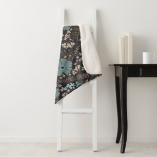 Whimsical Teal Pink Grey Flowing Flower Pattern Sherpa Blanket