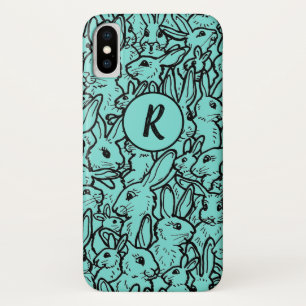 Whimsical Teal Rabbit Bunny Drawing Monogram Case-Mate iPhone Case