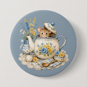 Whimsical Teapot Mouse Cottagecore Blooms 3 Inch Round Button