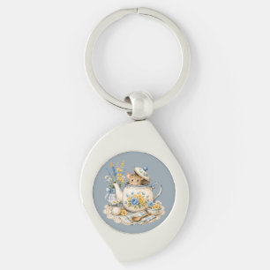 Whimsical Teapot Mouse Cottagecore Blooms Keychain