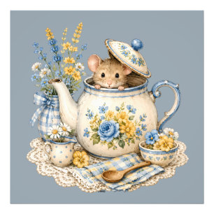 Whimsical Teapot Mouse Cottagecore Blooms Photo Print
