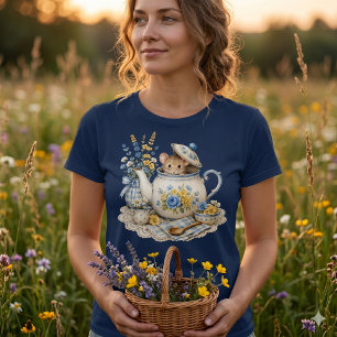 Whimsical Teapot Mouse Cottagecore Blooms T-Shirt