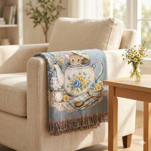 Whimsical Teapot Mouse Cottagecore Blooms Throw Blanket