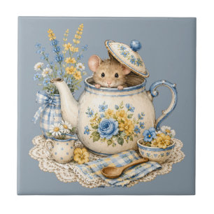 Whimsical Teapot Mouse Cottagecore Blooms Tile