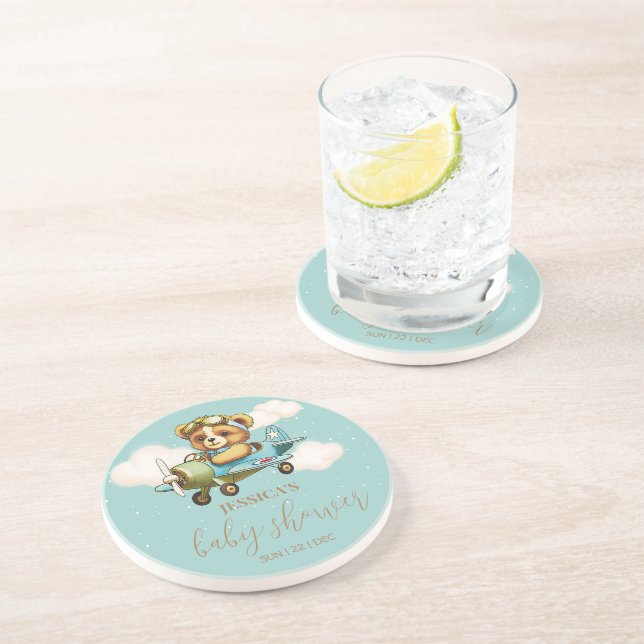 Whimsical Teddy Bear Baby Airplane Baby Shower Coaster (Side)