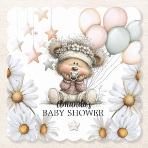Whimsical Teddy Bear Baby Shower Paper Coaster