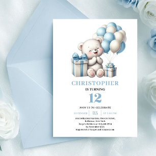 Whimsical teddy bear balloons blue boy birthday  invitation