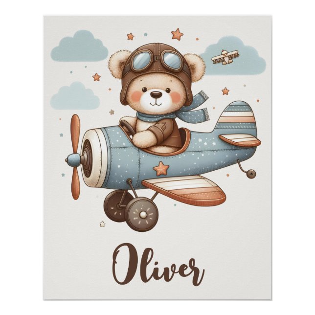 Whimsical Teddy Bear Pilot Personalized Poster (Front)