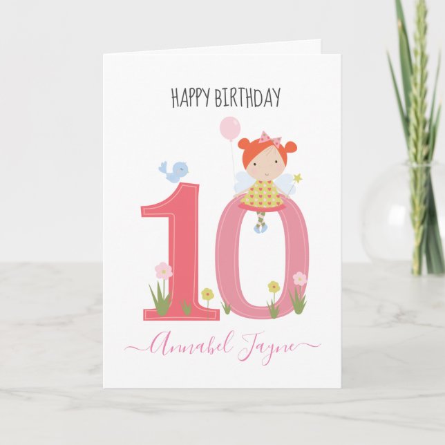 Whimsical Tenth birthday fairy cute pink Card (Front)