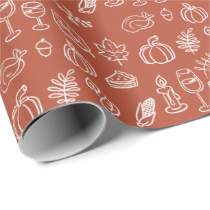 Whimsical Terracotta Cute Hand Drawn Thanksgiving Wrapping Paper