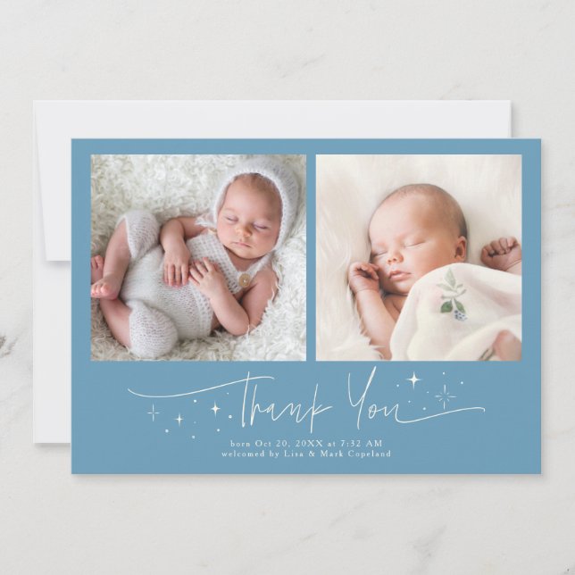 Whimsical Thank You Script Denim Blue Birth Announcement (Front)