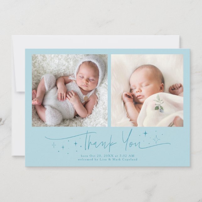 Whimsical Thank You Script Turquoise Birth Announcement (Front)