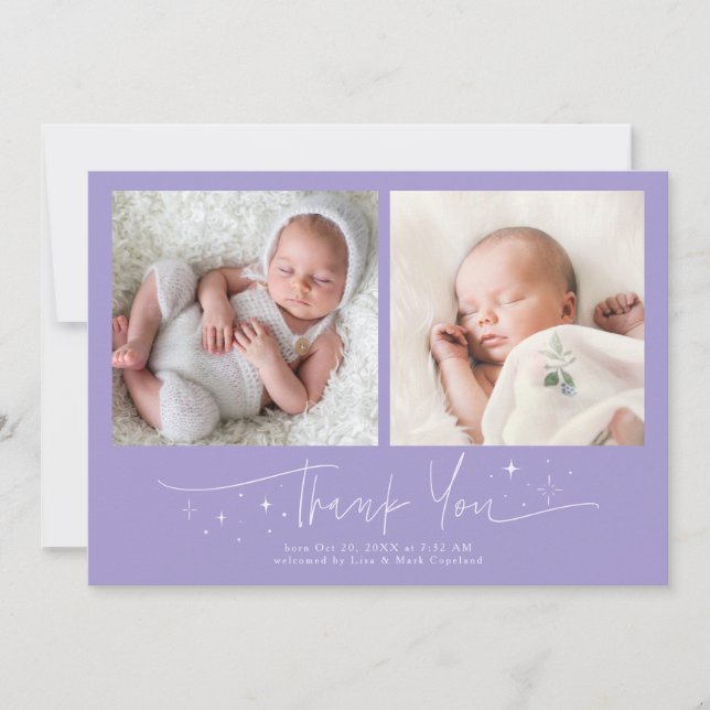 Whimsical Thank You Script Violet Birth Announcement (Front)