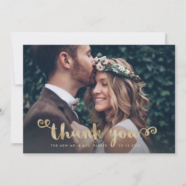 Whimsical Thanks | Wedding Photo and Gold Script Thank You Card (Front)