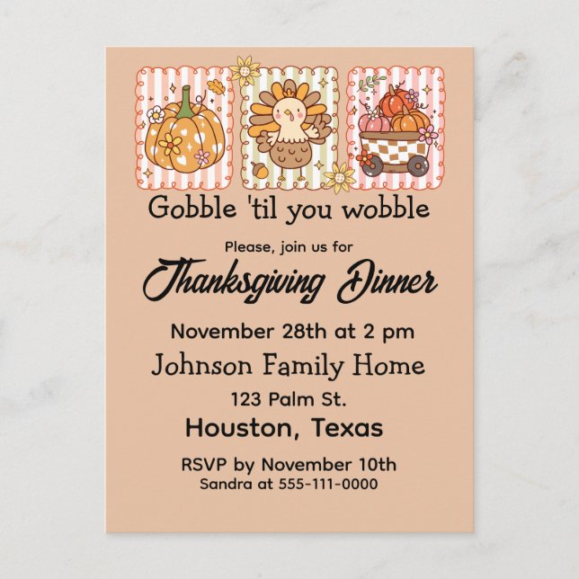 Whimsical Thanksgiving Dinner Invitation Postcard (Front)