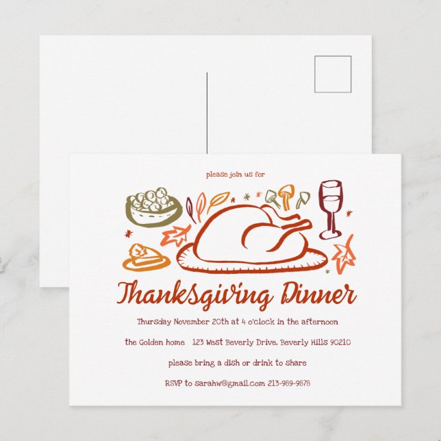 Whimsical Thanksgiving Friendsgiving Dinner Party Postcard (Front/Back)