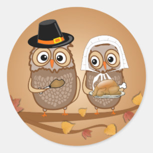 Whimsical Thanksgiving Owls Classic Round Sticker