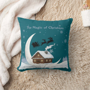 Whimsical "The Magic of Christmas" Santa Sleigh Throw Pillow
