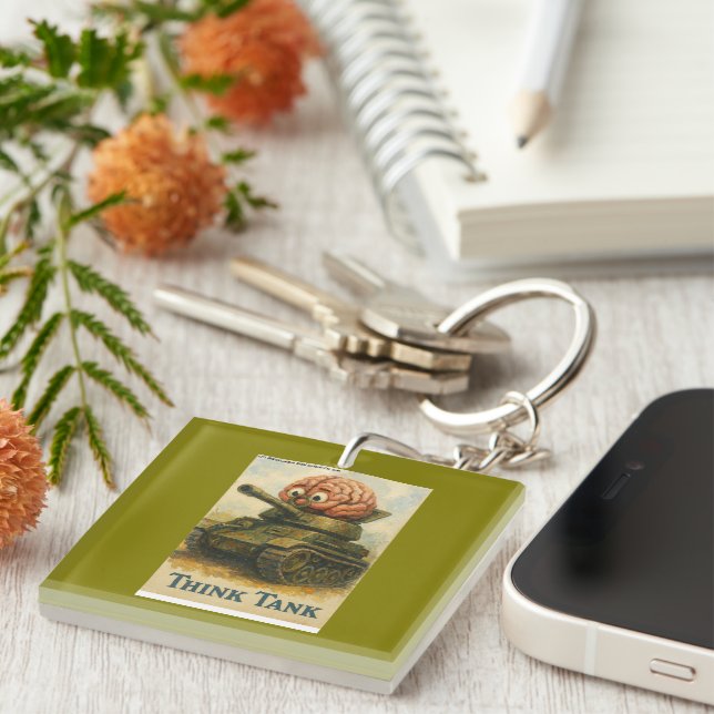 Whimsical Think Tank Cartoon Design Keychain (Front Right)