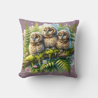 Whimsical Three Owls in Forest – Nature Art  Throw Pillow