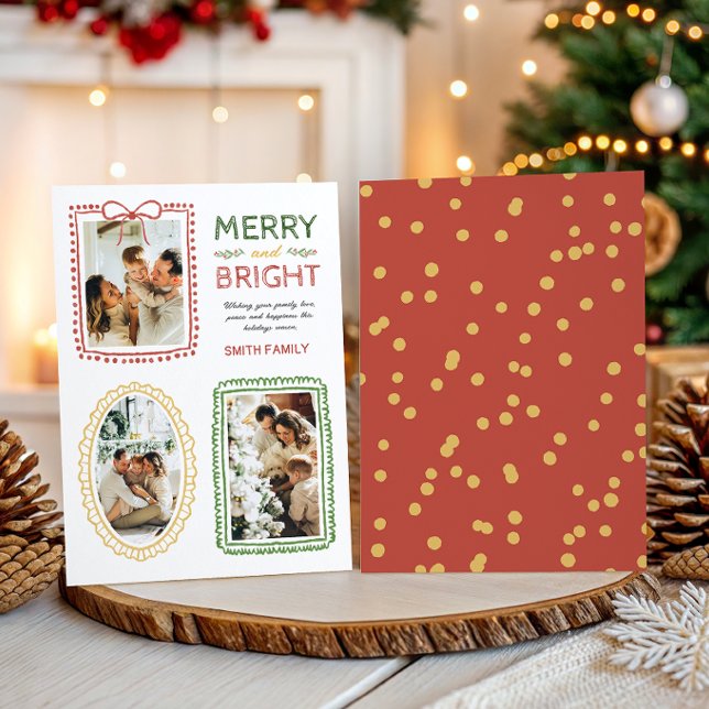 Whimsical Three Photo Frame Bow Merry & Bright Holiday Card (Creator Uploaded)