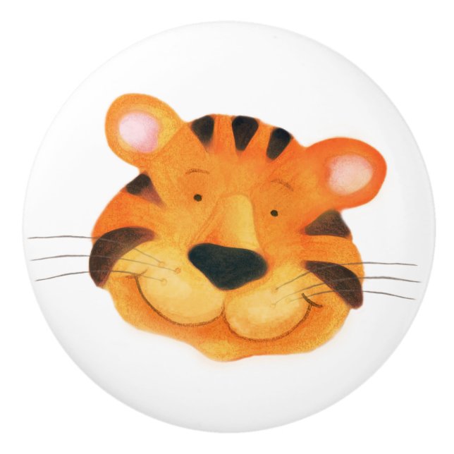 Whimsical tiger cat watercolor art doorknob ceramic knob (Front)