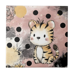 Whimsical Tiger Floral Watercolor Art Tile