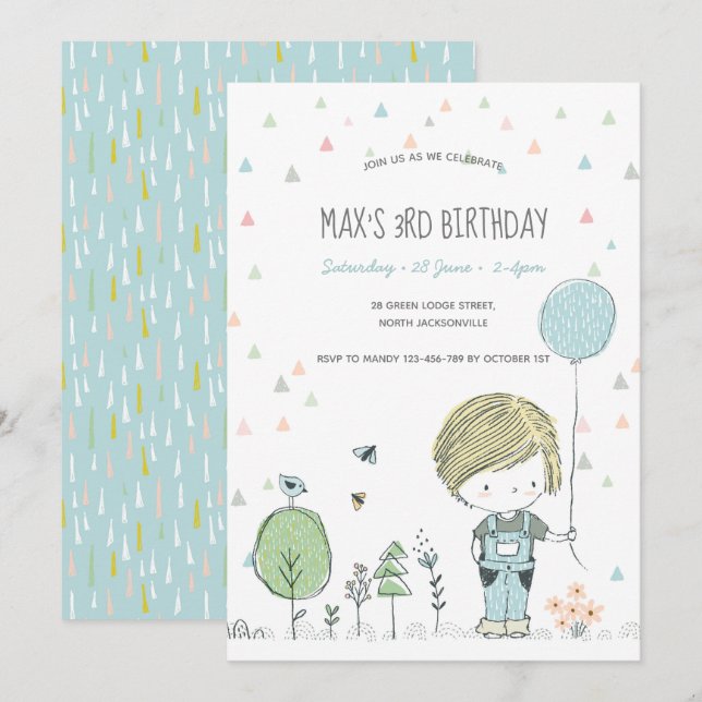 Whimsical Toddler BOY Kids Birthday Invitation (Front/Back)