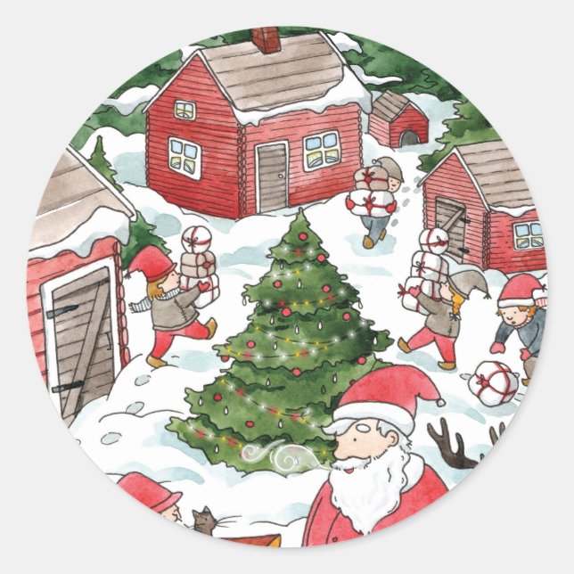 Whimsical Tomten Christmas Gnome Watercolor  Classic Round Sticker (Front)