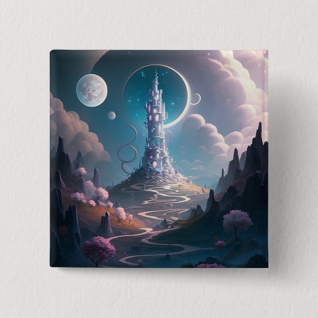Whimsical Tower Landscape Fantasy Art 2 Inch Square Button (Front)