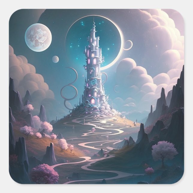 Whimsical Tower Landscape Fantasy Art Square Sticker (Front)
