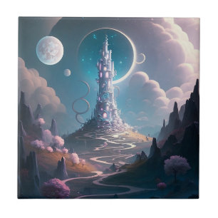 Whimsical Tower Landscape Fantasy Art Tile