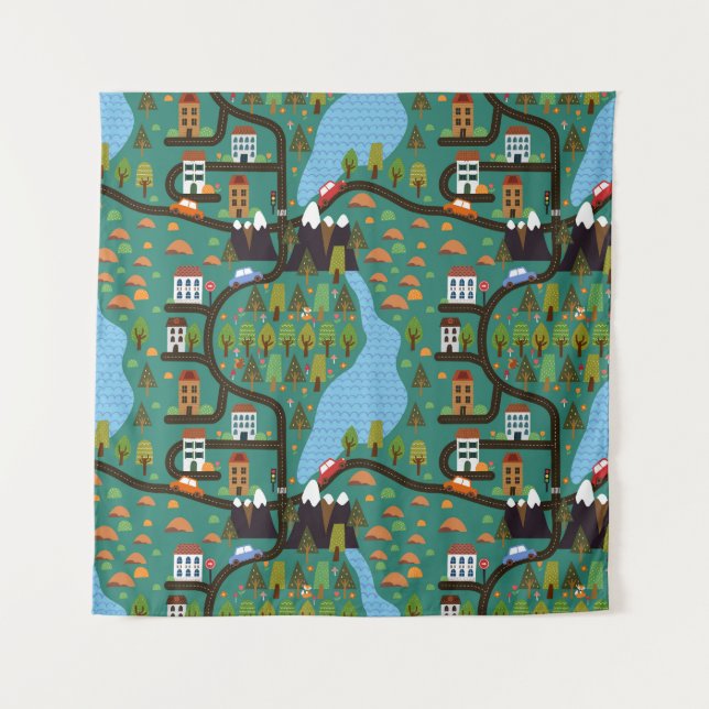 Whimsical Town Roadways Kids Tapestry (Front)