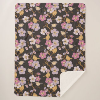 Whimsical Trailing Florals and Birds - Black/Grey Sherpa Blanket