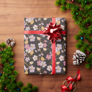 Whimsical Trailing Florals and Birds - Black/Grey Wrapping Paper