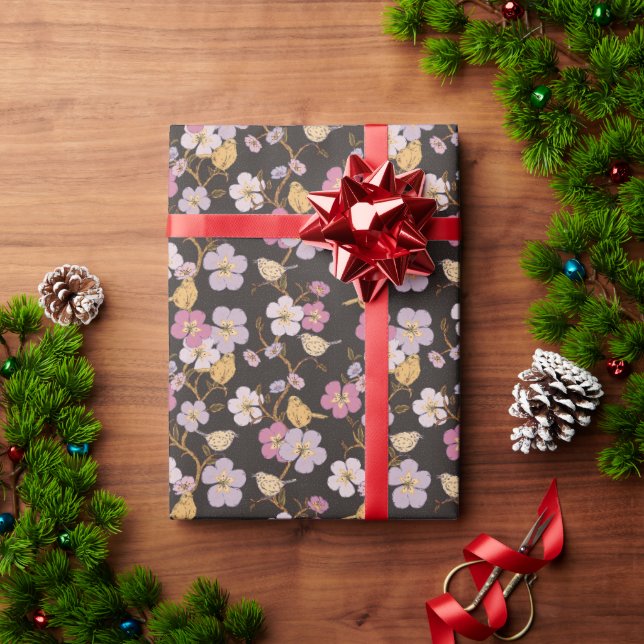 Whimsical Trailing Florals and Birds - Black/Grey  Wrapping Paper (Holiday Gift)