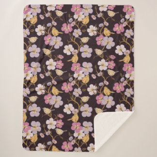 Whimsical Trailing Florals and Birds - Black/Red Sherpa Blanket