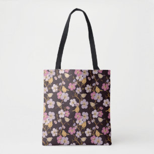 Whimsical Trailing Florals and Birds - Black/Red Tote Bag