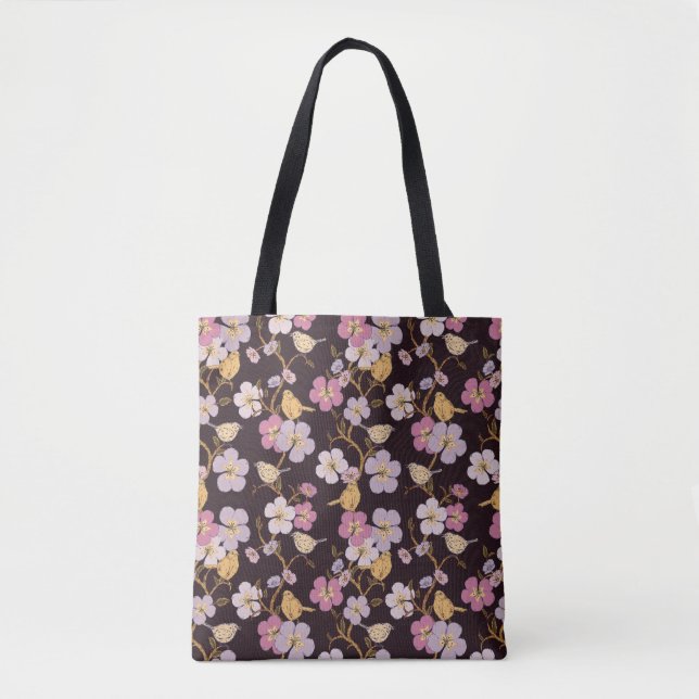 Whimsical Trailing Florals and Birds - Black/Red Tote Bag (Front)