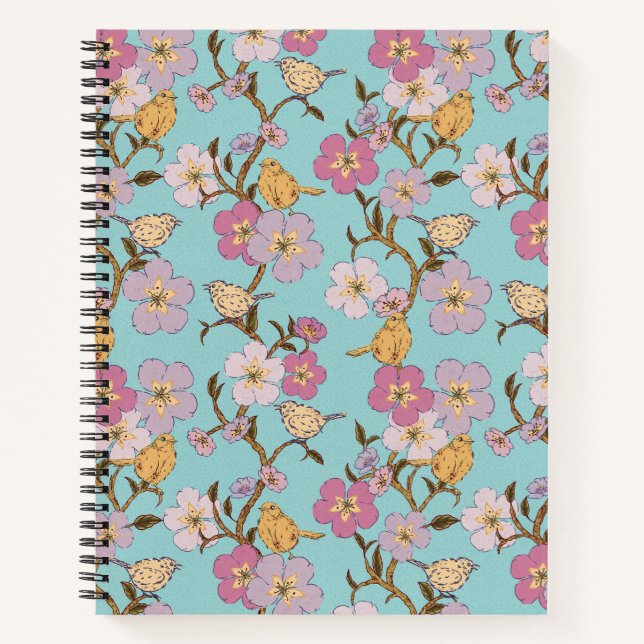 Whimsical Trailing Florals and Birds - Turquoise Notebook (Front)