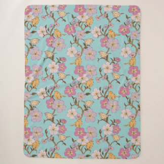 Whimsical Trailing Florals and Birds - Turquoise Sherpa Blanket