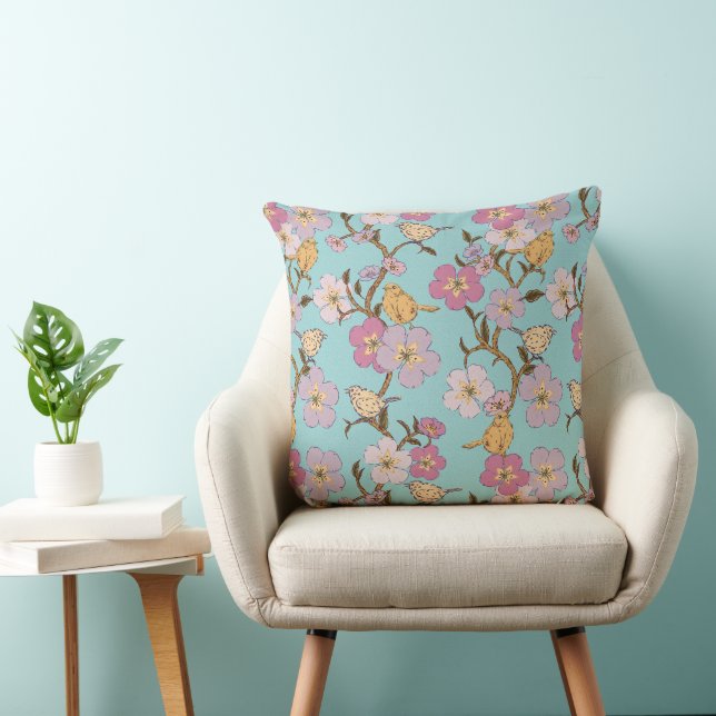 Whimsical Trailing Florals and Birds - Turquoise Throw Pillow (Chair)