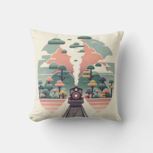 Whimsical Train Journey: Retro-Style Landscape Throw Pillow